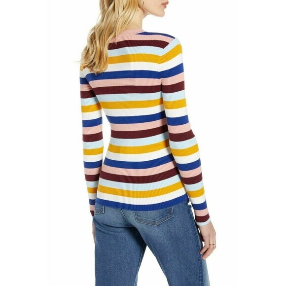 Halogen Even Striped Sweater Top Size L Fitted Crew Pink Multi NWT $69 B45 - Picture 2 of 6